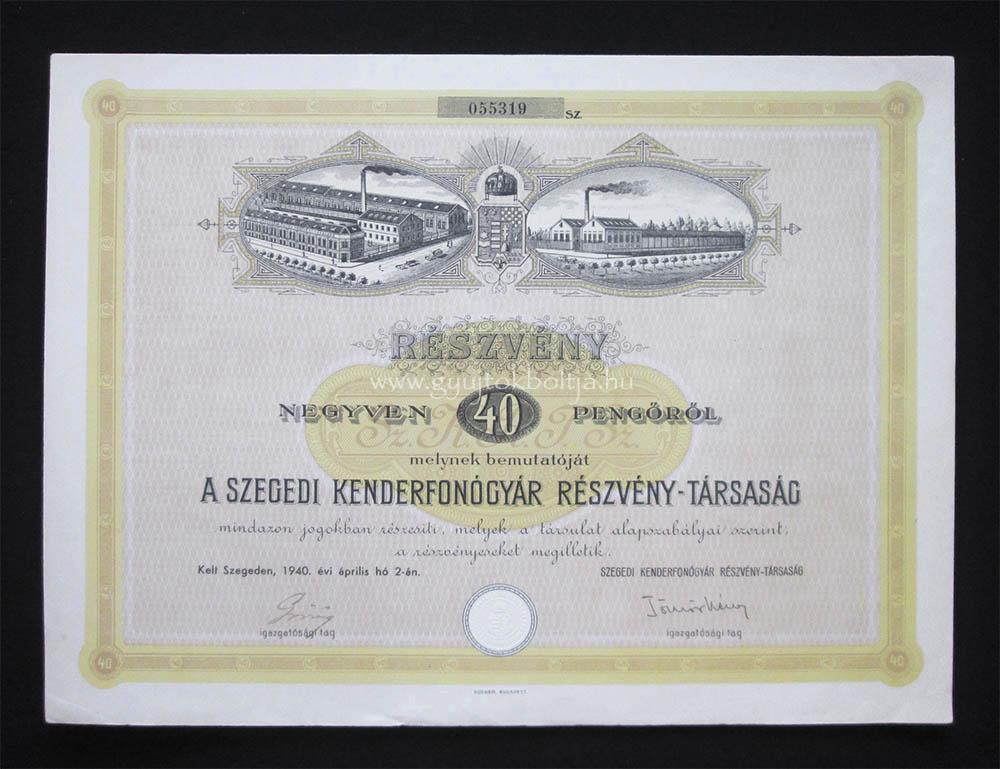 Szegedi Kenderfonógyár részvény 40 pengõ 1940